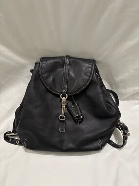 Vintage Coach Black Leather Drawstring Backpack with Silver Hardware